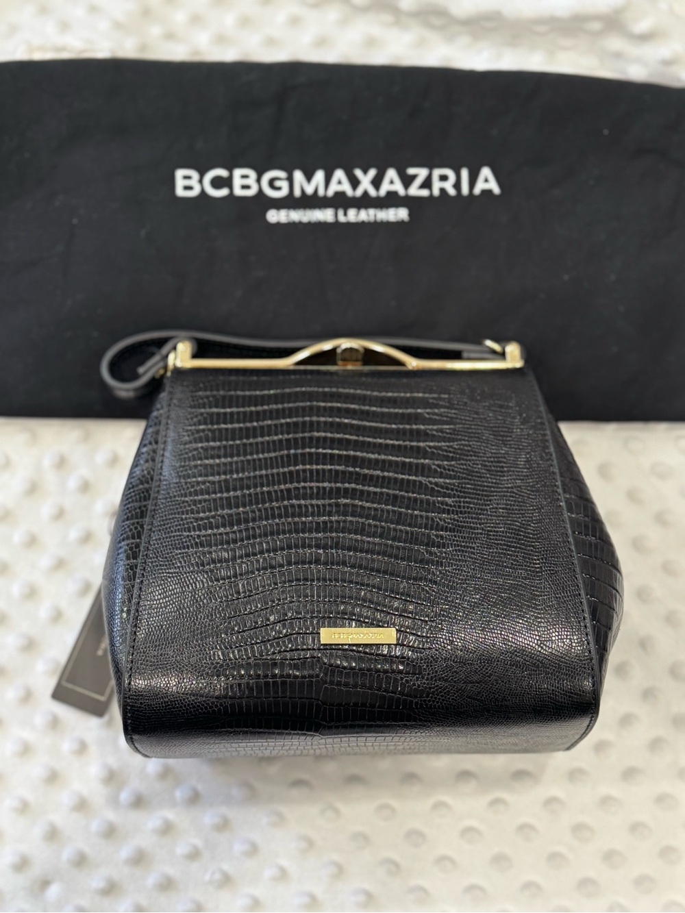 BCBGMaxAzria Black Croc-Embossed Mini Shoulder Bag with Gold Hardware